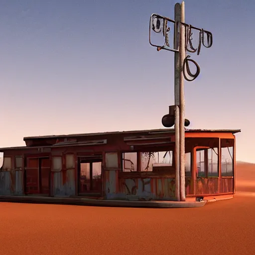 Prompt: abandoned diner in the desert by jon mccoy and georgehull, sunset, cinematic, cinematic lighting, photorealistic, hyperdetailed 3 d matte painting, iridescent, deviantart, trending on artstation, concept art
