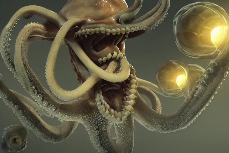 Image similar to An octopus made of muscles and flesh, very angry, teeth, ambient light, terror, glows, realistic, photo-realism, hyper realism, picture, detailed, 3D render, scary, distant shot, in the distance,