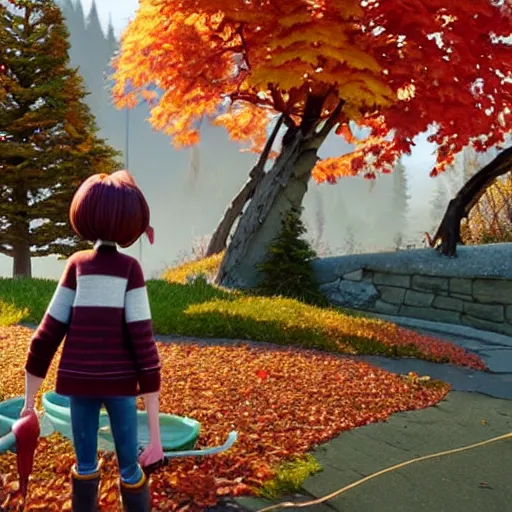 Image similar to a stopmotion animation character, a beautiful canadian woman, gardening, very attractive, messy dark grey hair, striped sweater, tight denim jeans, maroon doc marten boots, canadian maple leaves blowing about, mountains, autumn, unreal engine 5, 8 k, kubo and the two strings, disney, pixar,