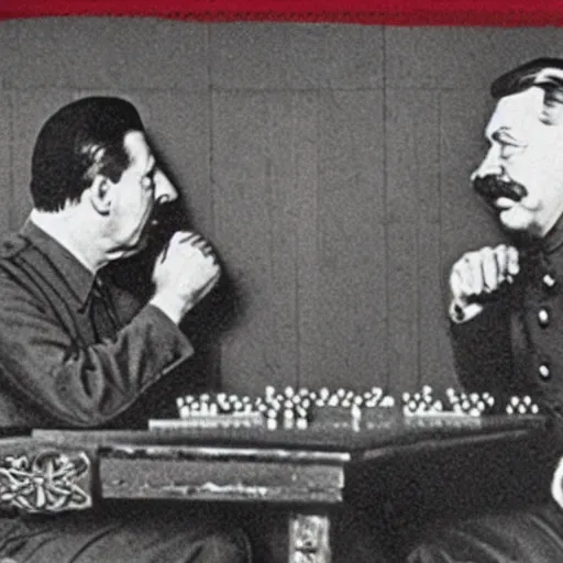 Prompt: an image of Stalin sitting with Hitler playing dominoes highly detailed