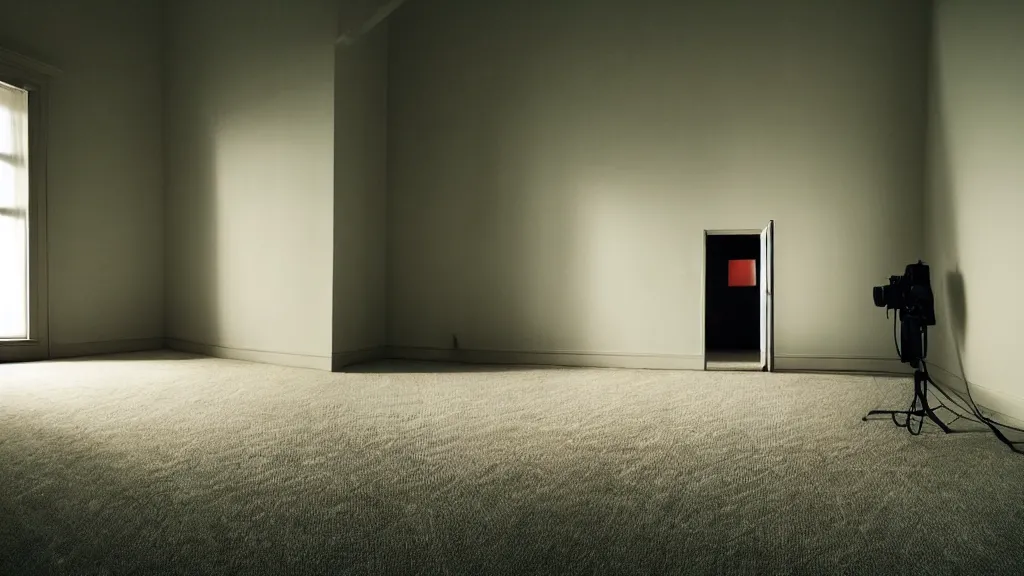 Image similar to a empty room with paintings on a wall, carpet on the floor, window with light coming through, nightstand in a corner, film still from the movie directed by Denis Villeneuve, wide lens