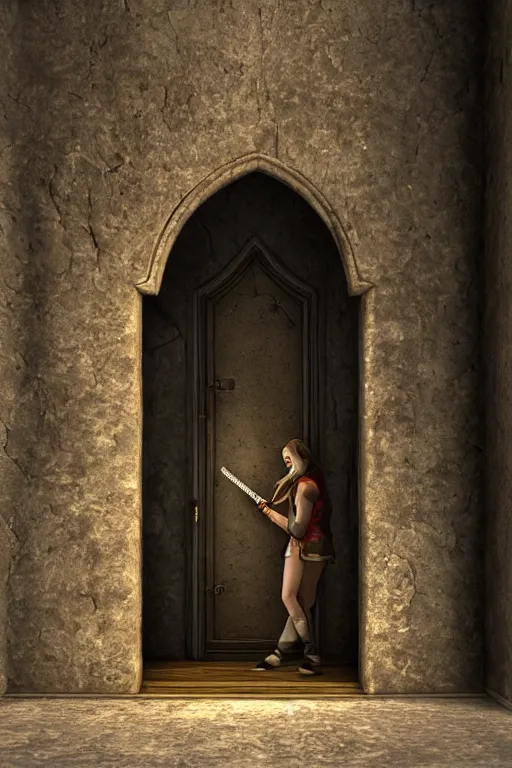 Image similar to highly detailed digital illustration of a young woman opening a secret door behind a bookcase in an ancient abandoned castle | fantasy art, cryengine, concept art, photorealism, daz 3 d, sketchfab, zbrush, vray, rule of thirds, golden ratio