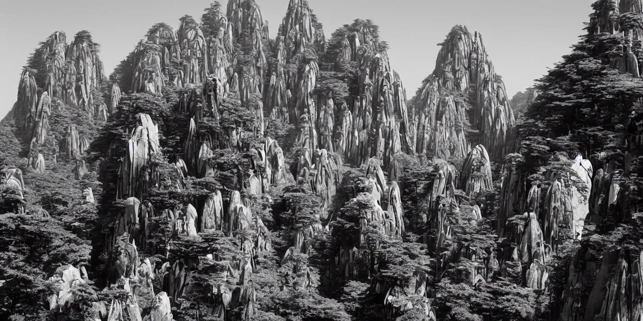 Prompt: huangshan with buddhist temples by ansel adams