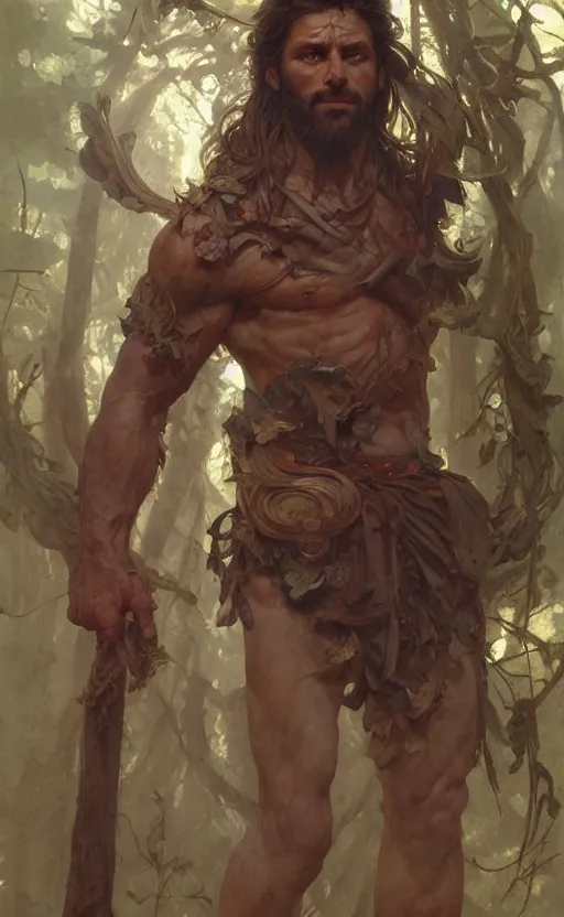 Image similar to god of the forest, 30 years old, rugged, male, gorgeous, detailed face, amazing, thighs!!!!!!, muscular, intricate, highly detailed, digital painting, artstation, concept art, sharp focus, illustration, art by greg rutkowski and alphonse mucha