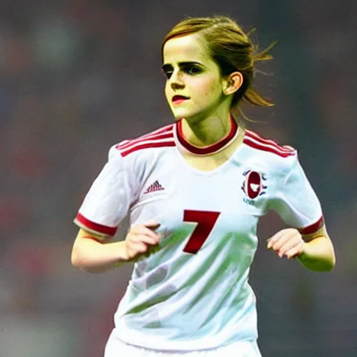 Image similar to emma watson as lokomotiv football player, hyper realistic, highly detailed