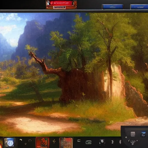 Prompt: in - game screenshot of dishonered, painted by albert bierstadt, thomas moran