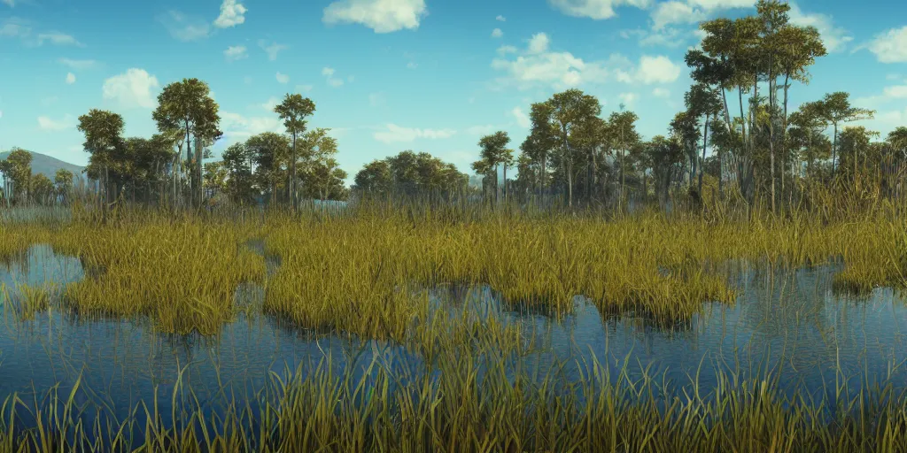 Prompt: a swampy wetland landscape under a sunny blue sky, hyper detailed, digital art, trending in artstation, cinematic lighting, studio quality, smooth render, unreal engine