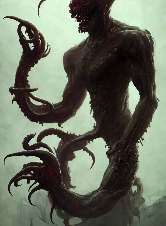 Image similar to a body portrait of a creature invoking fear, art by greg rutkowski, squid demon, scifi horror setting, dark lighting, matte painting, trending on artstation, very detailed