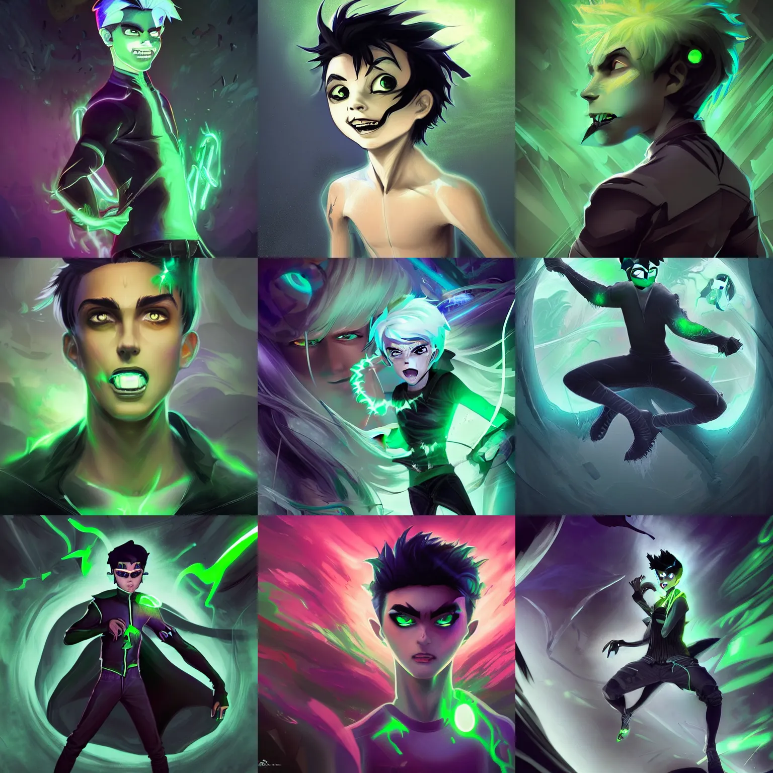 Prompt: A digital matte intricate illustration concept art of young Danny phantom with glowing green eyes and sharp fangs teeth alt art fashion inspired art by Charlie Bowater and Artgerm and Mark Arian and Ross Tran + neon colors + symmetry + greco-roman art, intricate complexity, epic composition, magical atmosphere, highly detailed, cinematic lighting + masterpiece, trending on artstation + 8k