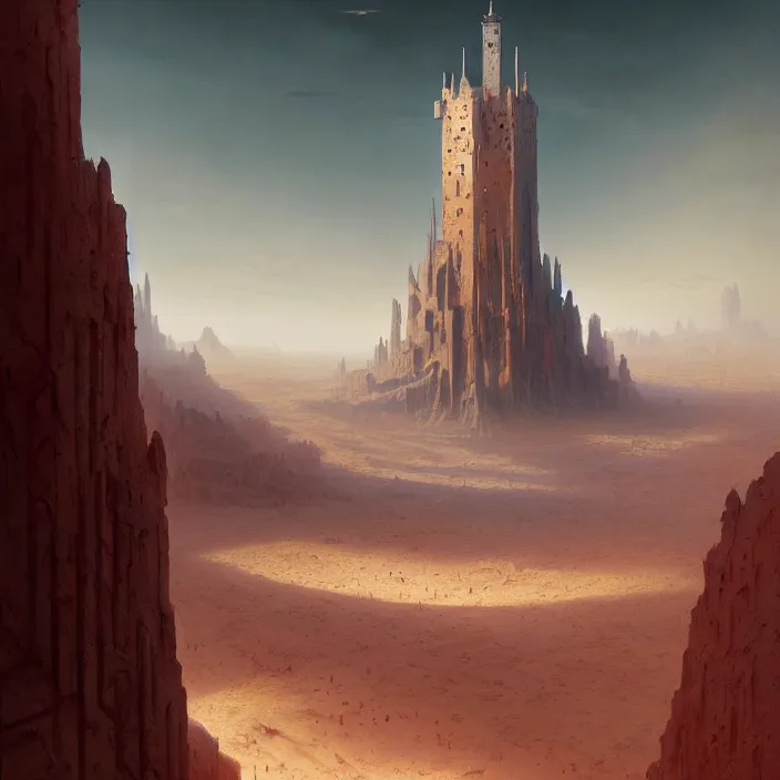 Prompt: matte painting by marc simonetti, jonathan solter, greg rutkowski of a single tower in the desert, masterpiece, cinematic, hyperdetailed, photorealistic, hyperrealism, architecture, aerial view,