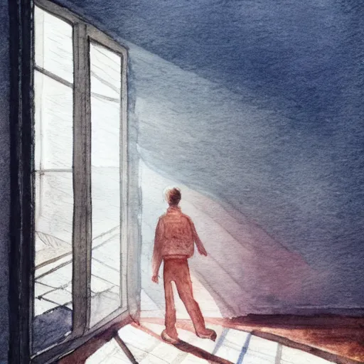 Image similar to person in pyjamas standing near window, sun rays, daylight, big french door window, big spatious room, 2 4 mm, wooden floor, modern, pastel palette, winter sun, photorealistic, high ceiling, watercolor painting