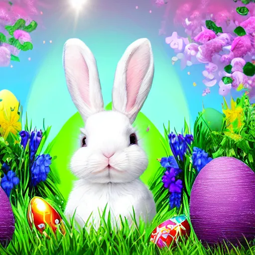 Prompt: cute fluffy white lop eared bunny rabbit sitting in meadow of spring flowers with easter eggs detailed painting 4k
