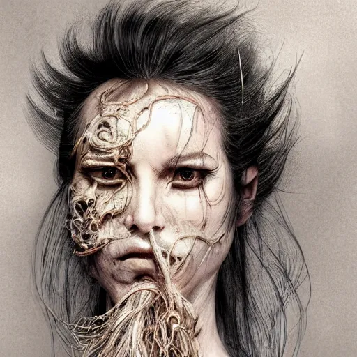 Prompt: portrait of a Shibari cable wrapped face and neck, headshot, insanely nice professional hair style, dramatic hair color, digital painting, of a old 15th century, old cyborg merchant, amber jewels, baroque, ornate clothing, scifi, realistic, hyperdetailed, chiaroscuro, concept art, art by Franz Hals and Jon Foster and Ayami Kojima and Amano and Karol Bak,