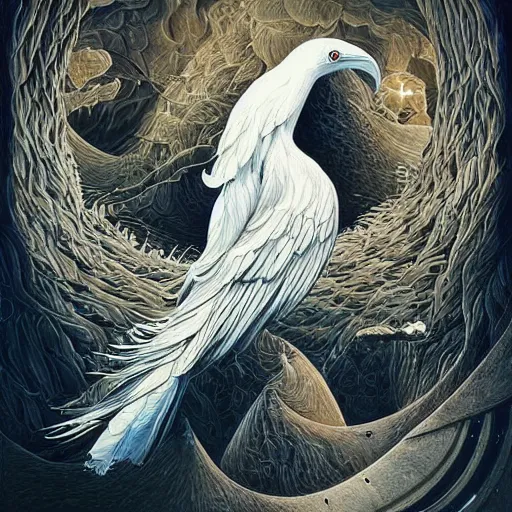 Prompt: a simple white crow painting by Android Jones and M. C. Escher collaboration, futurist, digital art, dramatic lighting