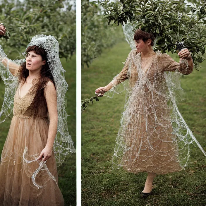 Image similar to a closeup portrait of a woman wearing dress made of spiderwebs, picking apples from a tree in an orchard, foggy, moody, photograph, by vincent desiderio, canon eos c 3 0 0, ƒ 1. 8, 3 5 mm, 8 k, medium - format print
