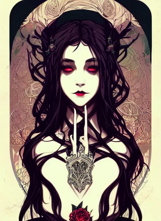 Prompt: majestic beautiful gothic vampire girl movie poster, art style by sachin teng, artgerm, alphonse mucha, graffiti street art, iconic, masterpiece, organic painting, hard edges, ornate and hyper detailed