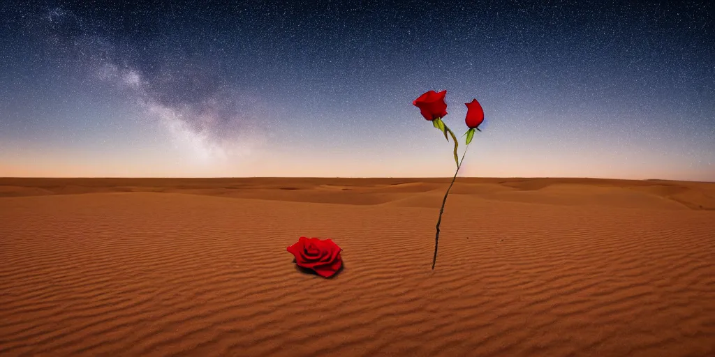 Image similar to a single red rose is growing in the middle of the desert. beautiful starry sky and sand dunes can be seen in the background. wide angle shot, 4 k, golden hour.