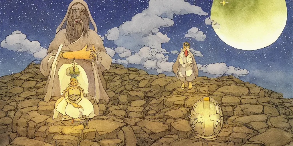 Prompt: a hyperrealist studio ghibli watercolor fantasy concept art of a giant medieval monk in lotus position and a small grey alien in stonehenge with a starry sky in the background. a giant gold ufo is floating in the air. by rebecca guay, michael kaluta, charles vess