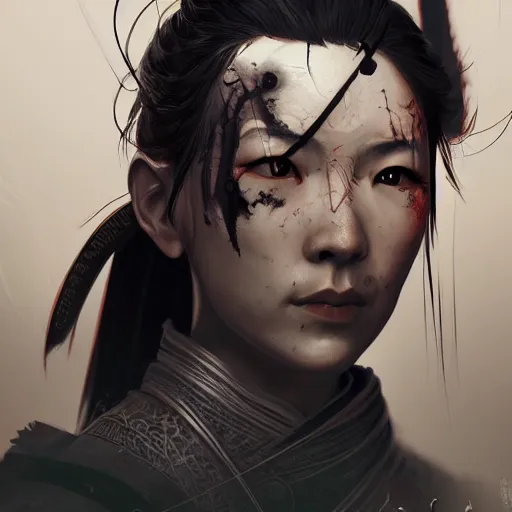 Image similar to Sickly diseased dying female Samurai warrior, portrait by Cedric Peyravernay, highly detailed, excellent composition, cinematic concept art, dramatic lighting, trending on ArtStation