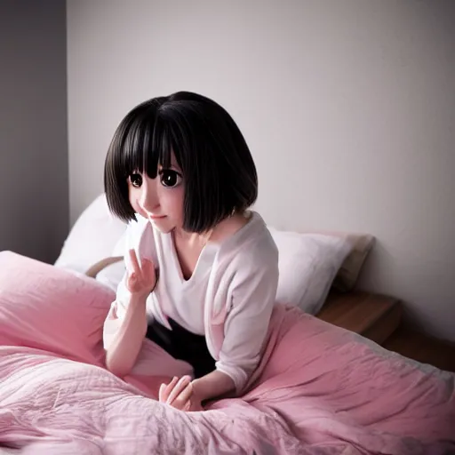 Prompt: adorable anime girl sitting up in bed waking up and stretching adorable cute