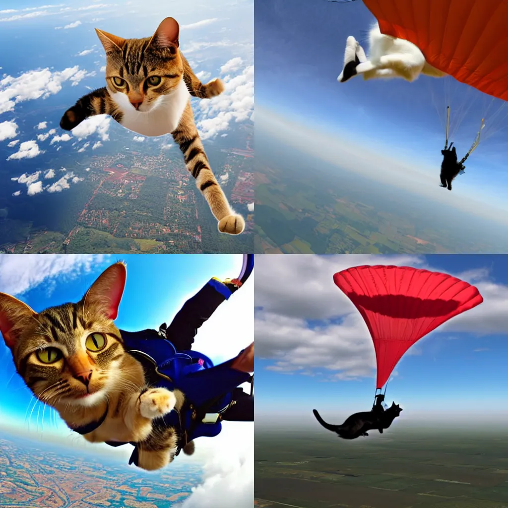 Prompt: a cat skydiving with parachute while sitting on a small plane