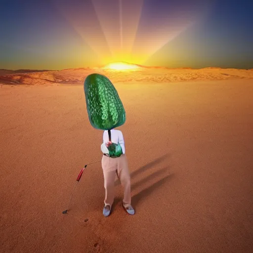 Prompt: a man made of cucumber holding a golf club in the desert at sunset