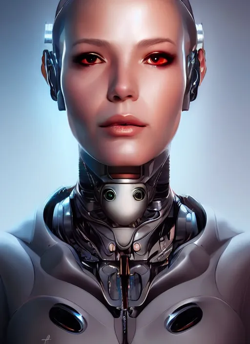 Image similar to portrait of a cyborg woman who turns her head to the (((((right))))) left by Artgerm,eyes closed , biomechanical, hyper detailled, trending on artstation