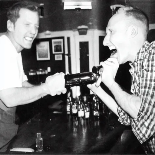 Image similar to 35mm photo of a man smashing a bottle over another man at the local pub