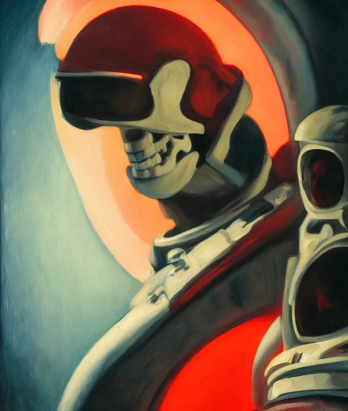 Prompt: a portrait of an astronaut with a skull head, cinematic and highly detailed oil painting by edward hopper, oil painting masterpiece, mysterious, very aesthetic, cinematic and dramatic red light, 4 k,