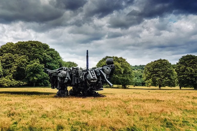 Prompt: beautiful english countryside, a ginormous destroyed mech lies broken in a field