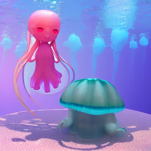 Image similar to cute pvc plush of a jellyfish girl in her underwater habitat, pvc figure, vray water refraction simulation, rtx