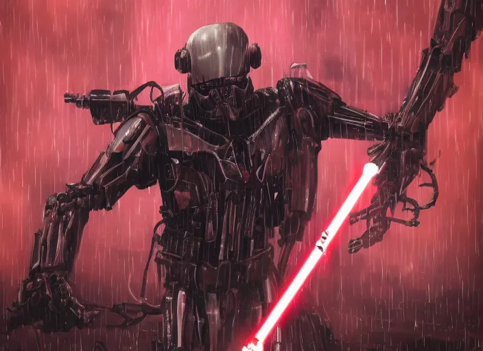 Prompt: 3 5 mm portrait photo of ( general grievous )!! with heavy duty biomechanical cybernetic body with many red lightsabers in the city in the rain. cyberpunk horror in the style of george lucas.