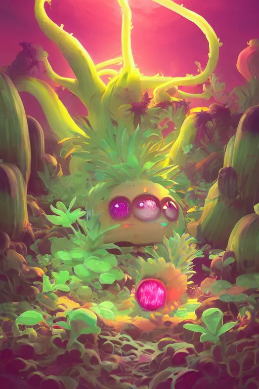 Image similar to roots cactus sushi cristal smurf ghost creature animal sushi cristal very big eye roots cactus elemental flush of force nature micro world fluo fishscale, behance hd by jesper ejsing, by rhads, makoto shinkai and lois van baarle, ilya kuvshinov, rossdraws radiating a glowing aura global illumination ray tracing hdr