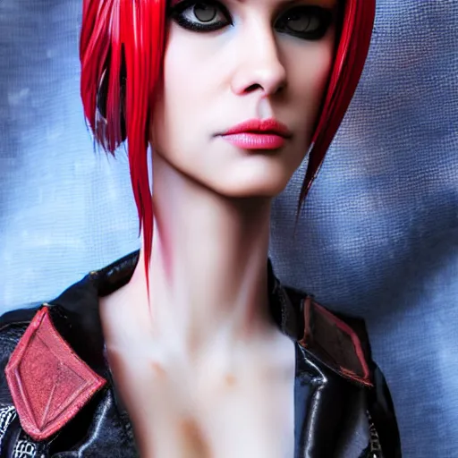 Image similar to ultra realistic painted sculpture of very beautiful cyberpunk woman. realistic waxwork. detailed lifelike. full body. beautiful. very attractive. wow. stunning. punk. comic book inspired. professional cosplay. painted model. action pose