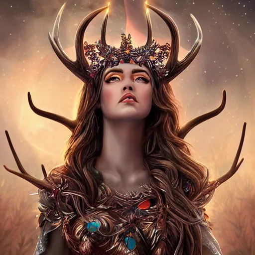 Image similar to highly detailed full body portrait of Artemis, goddess of the hunt and the moon, wearing a crown made of antlers, cinematic lightning, bright colors, intricate, masterpiece, photorealistic, hiperrealistic, sharp focus, high contrast, Artstation HQ, DeviantArt trending, 4k UHD, Unreal Engine 5