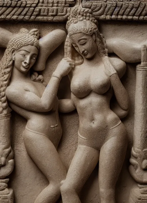 Image similar to photograph of a bas relief of lindsey pelas and gal gadot found in an ancient javanese temple, by charlotte grimm, natural light, detailed face, canon eos c 3 0 0, ƒ 1. 8, 3 5 mm, 8 k, medium - format print, half body shot