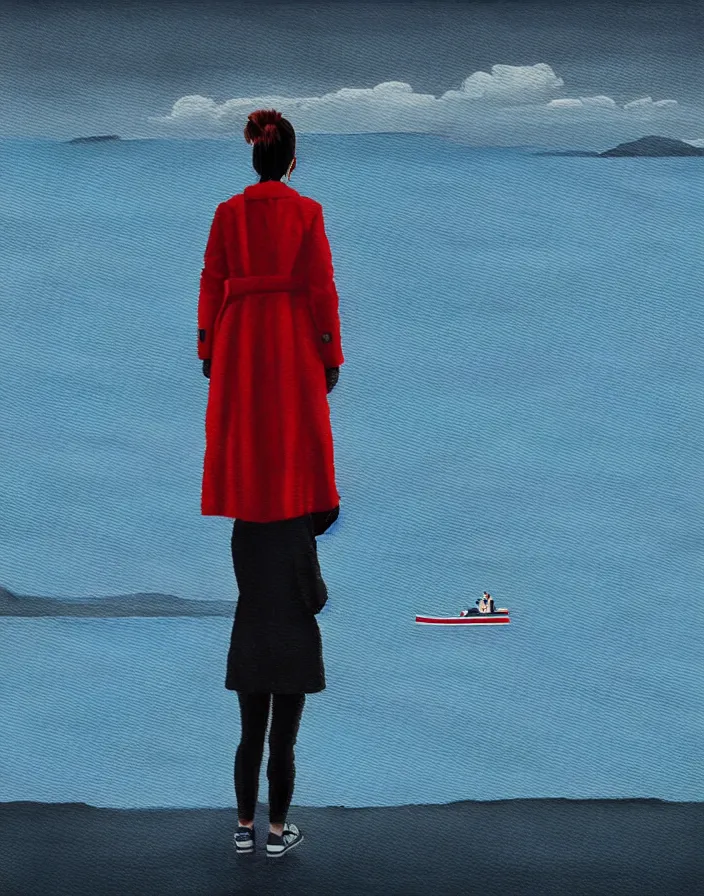 Image similar to wide shot rear view photographer woman hair in a bun long red stripe coat backpack sneakers grasping a nikon dslr camera while looking out over a placid blue lake, a character design painting, in the style of wes anderson, lola dupre, david hockney, isolated on negative white space background dark monochrome fluorescent spraypaint accents volumetric octane render, no double figure