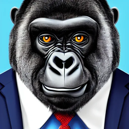 Image similar to a highly detailed portrait of an anthropomorphic gorilla wearing a well tailored business suit and tie, 8 k, 4 k, highly detailed, sharp,