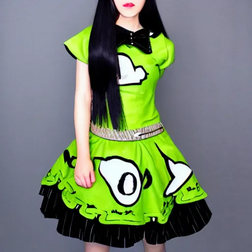 Prompt: A shrek-themed lolita dress; modern japanese fashion