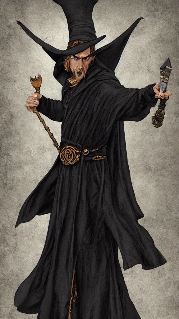 Prompt: A druid magician DND character wearing a black robe.