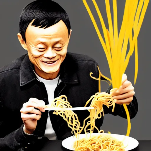 Image similar to a photorealistc digital art of jack ma eating noodles, award winning photography, trending on artstation