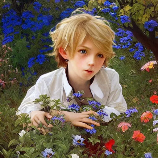 Image similar to a cute seven year old boy with tousled blonde hair and blue eyes in a lovely garden, beautiful painting by artgerm and greg rutkowski and alphonse mucha, highly detailed face