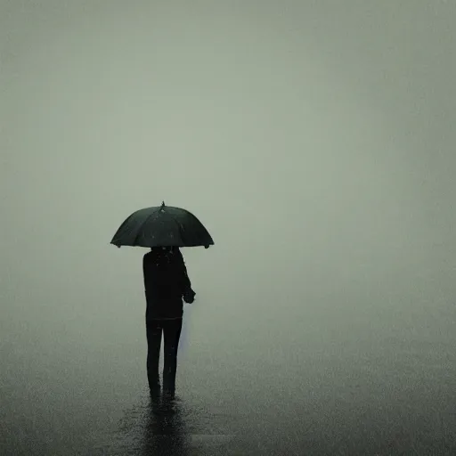 Image similar to dramatic picture of a person standing sideways far away in the middle of a heavy rain surround by grey and grey clouds realistic photo cinematic