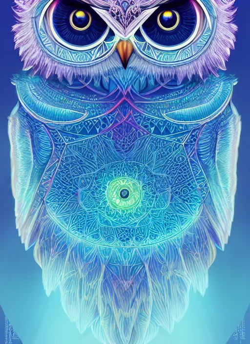 Image similar to symmetry!! product render poster vivid colors divine proportion owl, 神 圣, glowing fog intricate, elegant, highly detailed, digital painting, artstation, concept art, smooth, sharp focus, illustration,