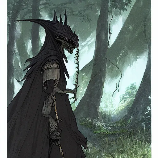 Image similar to concept art painting of an anthropomorphic dragon king with black robes, a long neck, and skull mask, in a deep forest, cel shaded, in the style of makoto shinkai and james gurney and studio ghibli and moebius