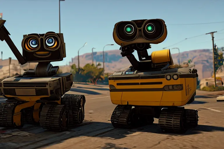 Image similar to wall - e in grand theft auto 5, heavy detailed, ultra high definition quality, gta 5 game engine graphics