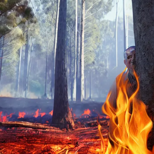 Prompt: Prime Minister Scott Morrison in front of a forest fire, not holding a hose, smoke, , cinematic, hyper realism, high detail, vivid colors, octane render, unreal engine, 8k, koala bear in tree