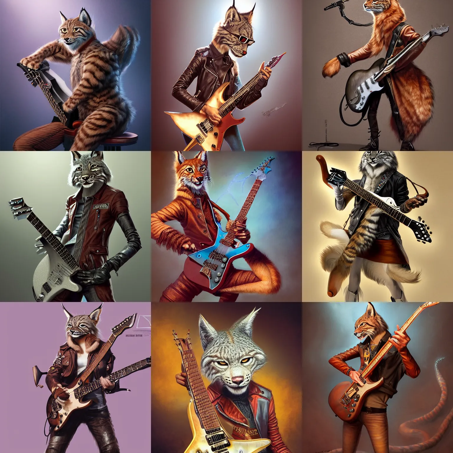 Prompt: an anthropomorphic lynx playing an electric guitar, leather jacket, fursona, dynamic, 3 d render, hyper - realistic detailed portrait, fantasy, hyper detailed, octane render, concept art, wlop, artgerm, greg rutkowski, peter mohrbacher, raymond swanland