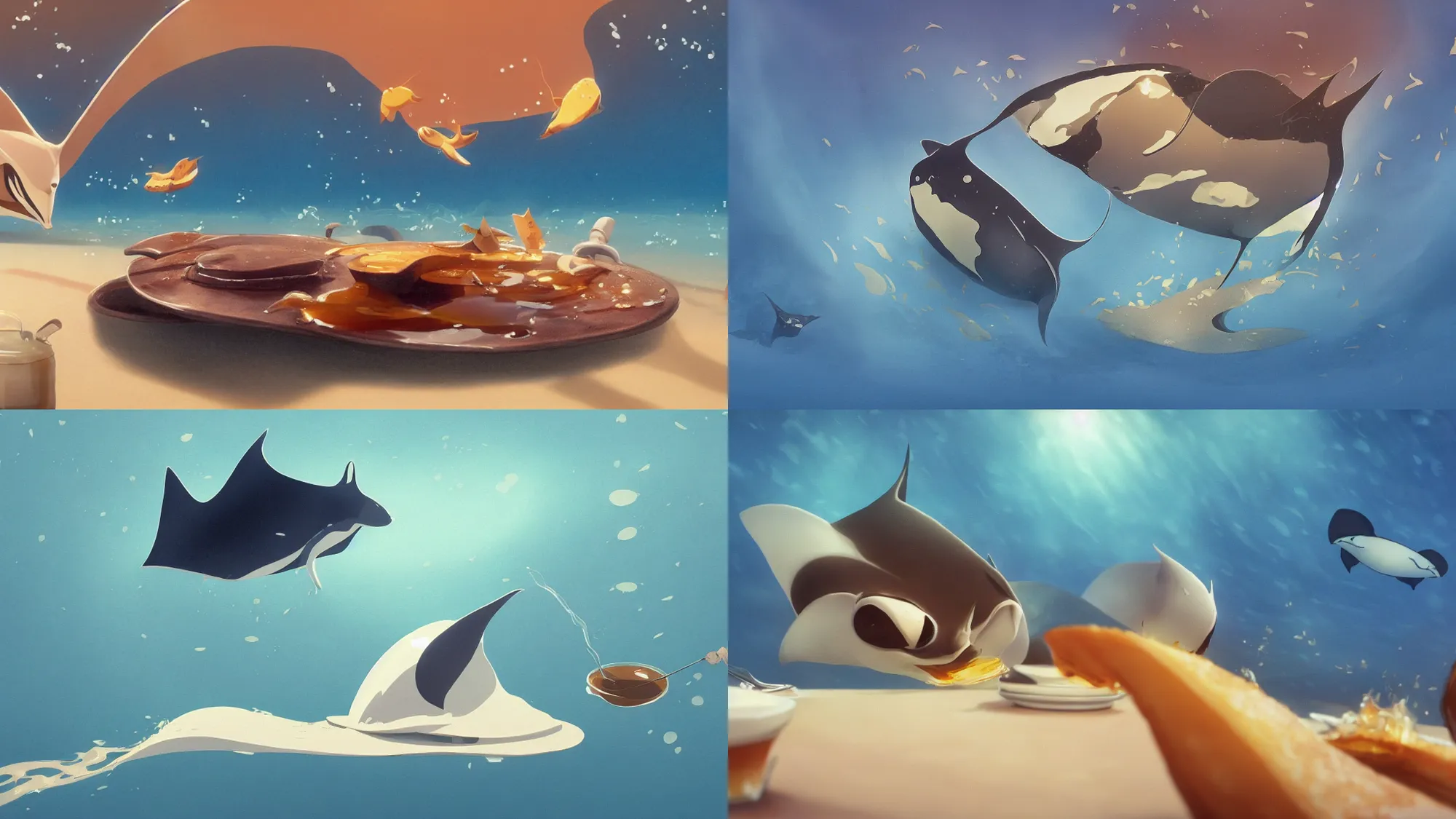 Prompt: a pancake manta ray swimming in maple syrup, cute, 4 k, detailed award - winning, by greg rutkowski, studio ghibli, blur, motion blur bokeh