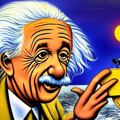 Image similar to Albert Einstein in a Bikini eating a Big Mac on the moon, high details, dali, comic, illustration